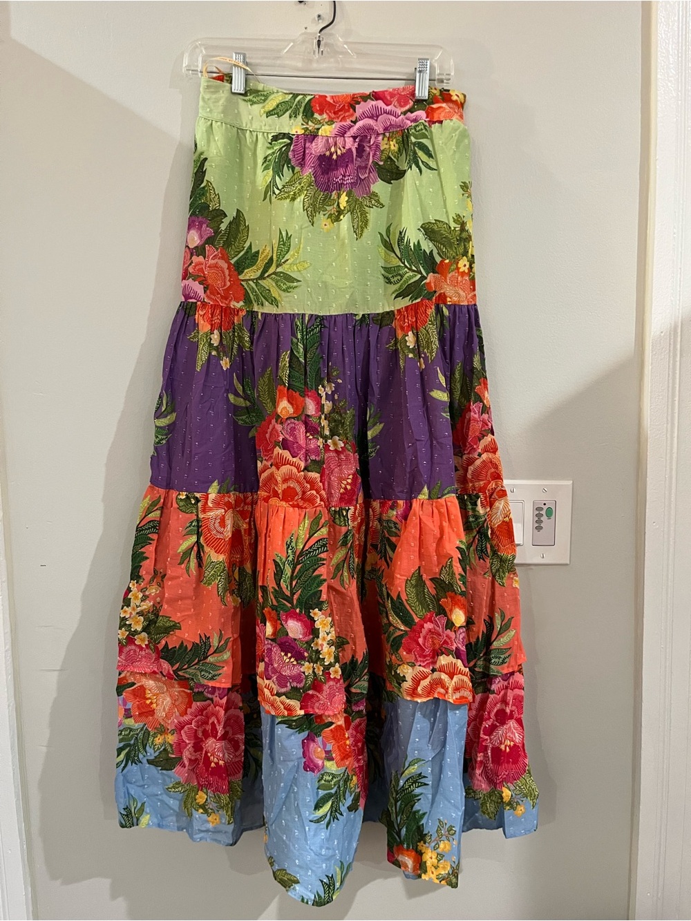 FarmRio for Anthropology Tiered Floral Maxi Skirt in Lime, Purple, Coral & Blue - Picture 3 of 7
